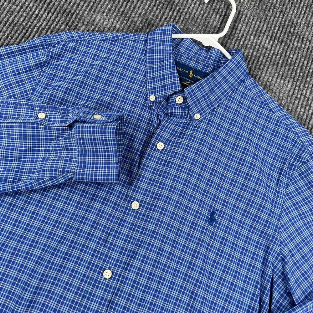 Ralph Lauren Performance Shirt Mens Large Blue Plaid Long Sleeve Button Slim Fit